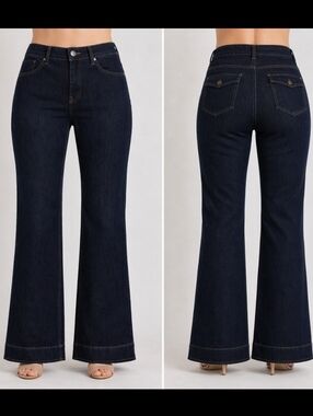 Curve Appeal High Rise Wide Leg Jeans Dark Wash Stretch Denim Size 14 / 28